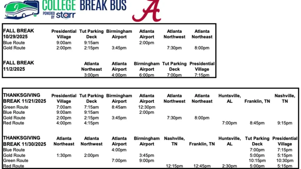 College Break Bus Schedule 2025